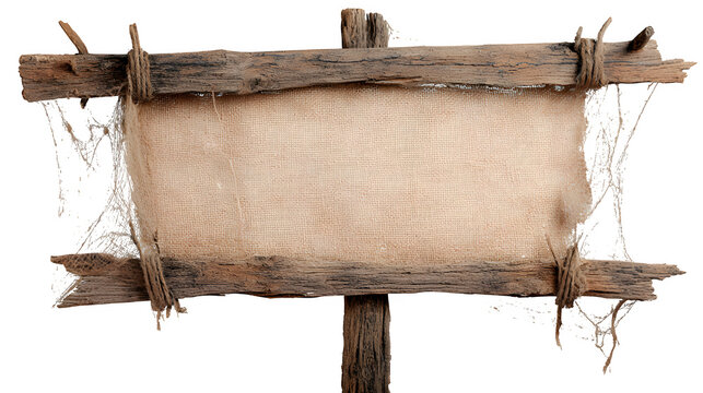 Rustic wooden signpost with burlap canvas and spooky cobwebs creates a weathered, vintage look for your projects  isolated on white background