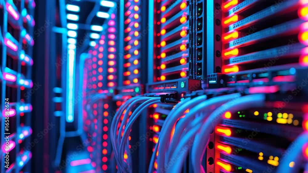 Poster bright server room with rows of racks and colorful cables in data center