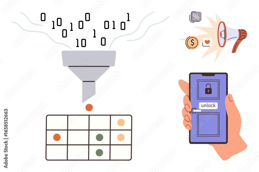 Aufkleber binary data flows into a filter, converting into actionable results in a grid. nearby, a smartphone 