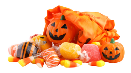 Spooky Halloween treats overflow from a festive orange bag with happy jack-o'-lanterns and assorted candy  isolated on white background