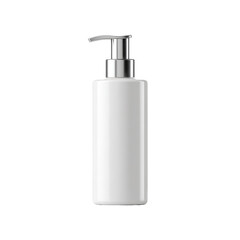 White rectangular pump bottle.  Clean, simple design,  empty,  for lotion, soap, or other liquids.  Stainless-steel pump top.  High-quality,  modern aesthetic