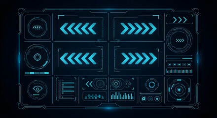 Futuristic Digital User Interface (UI) and Heads-Up Display (HUD) elements kit, ideal for modern technology, data visualization, and interactive screen designs.