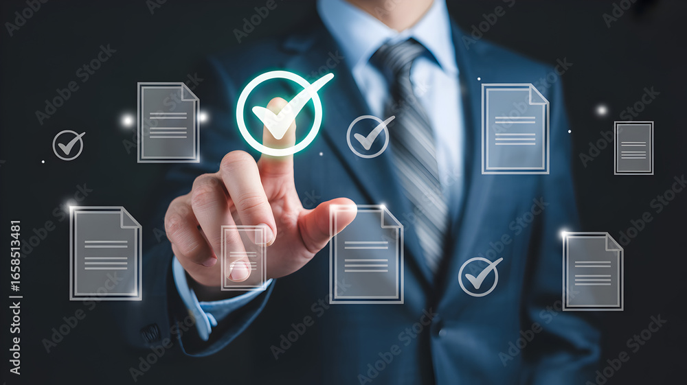 Poster online survey and checklist assessment, digital questionnaire, businessman use tablet to complete a 