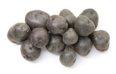 Fresh purple potatoes isolated on white, top view