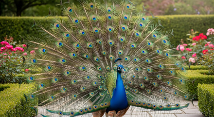 A peacock displays its vibrant plumage in a garden setting, surrounded by greenery and flowers.