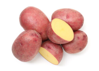 Whole and cut fresh red potatoes isolated on white, top view