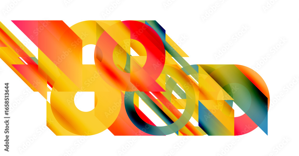 Poster abstract composition. overlapping colorful shapes create dynamic visual effect. bright hues dominate