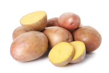 Whole and cut fresh potatoes isolated on white