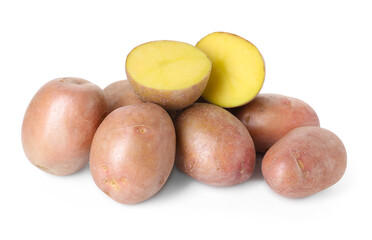 Whole and cut fresh potatoes isolated on white