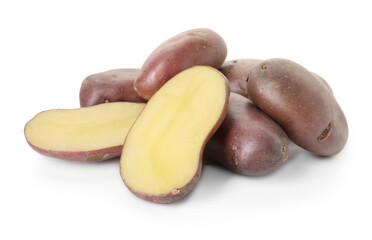 Whole and cut fresh potatoes isolated on white