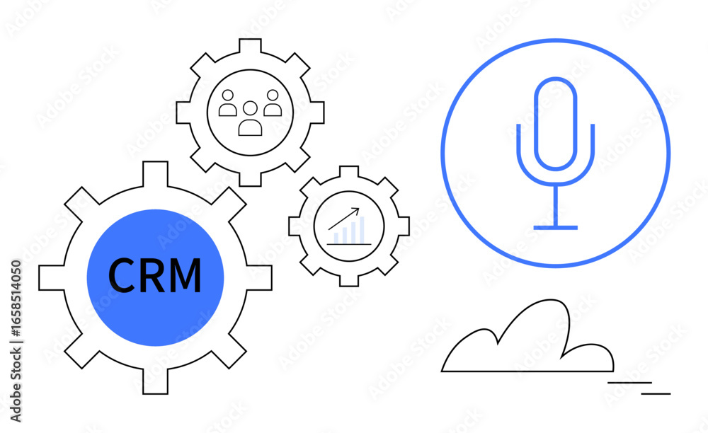 Poster cogs labeled crm, user group, and analytics linked with a voice command icon and cloud elements. ide