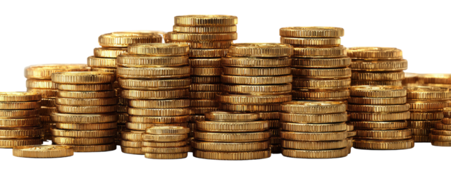 Stacks of golden coins arranged in a horizontal row