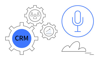 Cogs labeled CRM, user group, and analytics linked with a voice command icon and cloud elements. Ideal for CRM systems, analytics, automation, client management, voice assistants, cloud services