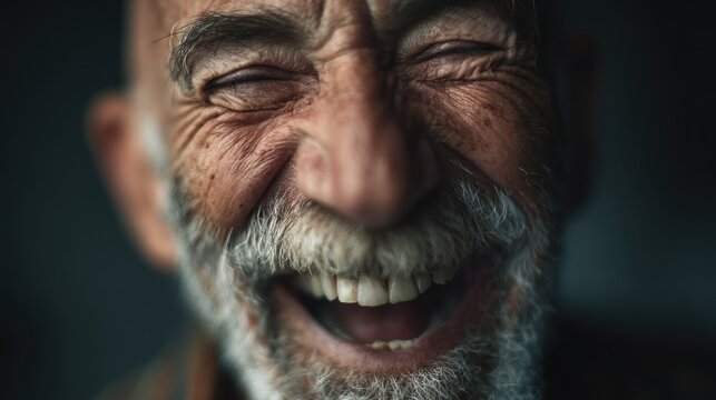 Close-up portrait captures the intense expression of joyful aging man