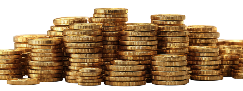 Stacks of golden coins arranged in a horizontal row