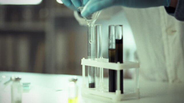 A scientist in protective gear is pouring a liquid from a funnel into a test tube. Various glass containers with colored liquids are arranged on a clean laboratory table