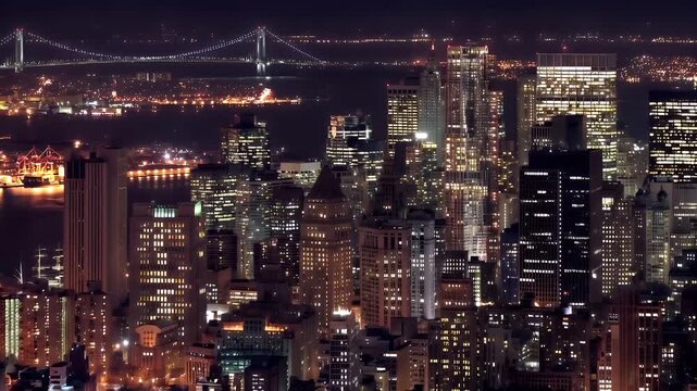 Manhattan, New York City. A nighttime cityscape with a view of a bridge and a river. The city is illuminated with lights from various buildings, including skyscrapers and highrise structures.