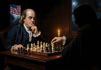 American Chess Day Founding Father Benjamin Franklin plays a tense game of chess by candlelight against a mysterious, shadowy opponent.