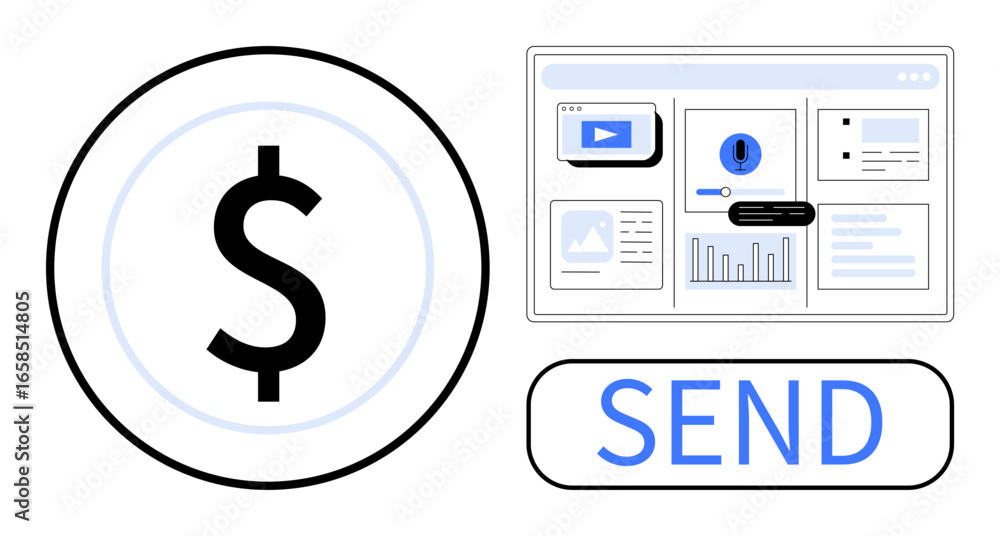 Poster dollar sign, web interface displaying graphs and icons, and a send button for online transactions. i