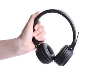 Woman with stylish black headphones on white background, closeup