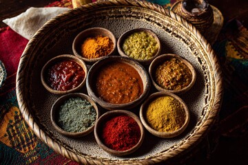 Ethiopian injera colorful stews on traditional mesob basket table