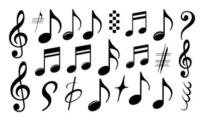 Black Musical Notes and Symbols on a White Background treble clef bass clef