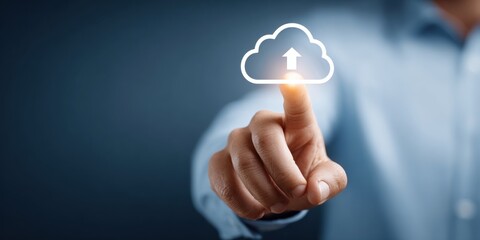 Connecting Fintech: Hand Pointing to Cloud Upload Icon for Financial Data Storage | Copy Space for Business Technology Concepts