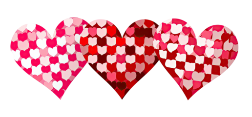 Three hearts, overlapping, in shades of red and white, arranged horizontally