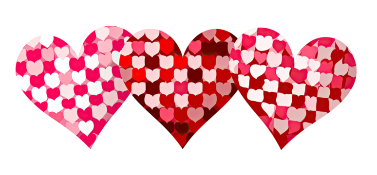 Three hearts, overlapping, in shades of red and white, arranged horizontally - Powered by Adobe