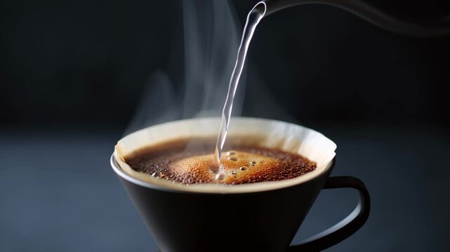 Pour over coffee brewing with hot water pouring into filter cone, steam rising from fresh aromatic drip coffee in dark background setting