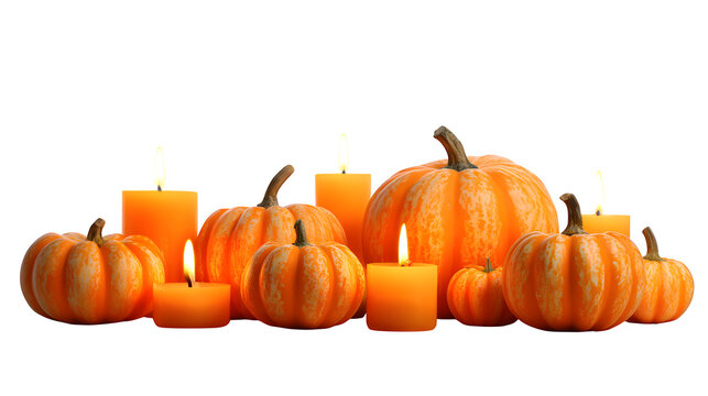 Warm autumn glow with vibrant pumpkins and flickering candles creating a cozy, festive atmosphere for fall celebrations  isolated on white background
