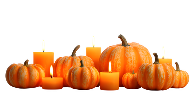 Warm autumn glow with vibrant pumpkins and flickering candles creating a cozy, festive atmosphere for fall celebrations  isolated on white background