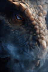 Obraz premium Close-up of dragon face looking down with intense gaze, smoke swirling around, powerful presence.
