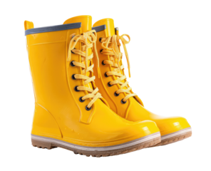 Pair of bright yellow rubber boots, lace-up style