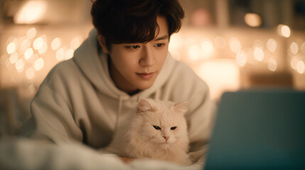 A soft image of young asian man cuddling a white cat while using a laptop in a cozy setting.