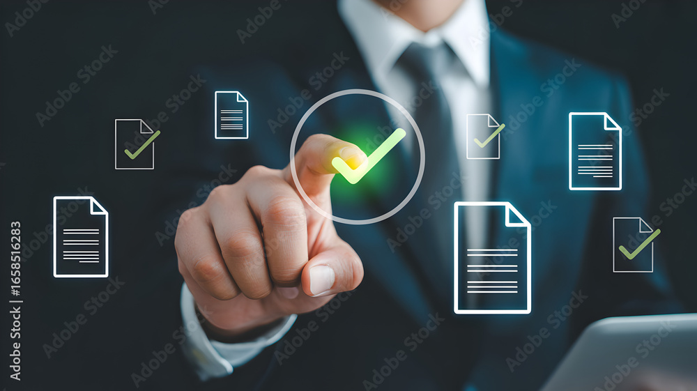 Poster online survey and checklist assessment, digital questionnaire, businessman use tablet to complete a 