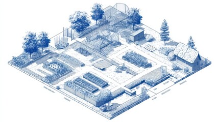 Blueprint-style layout of a permaculture garden with defined zones, water channels, and organized planting beds, isolated on a clean white background.