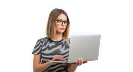 Young woman in glasses typing on laptop for remote work or online learning focused on screen transparent background