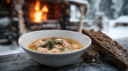 Finnish salmon soup rye bread winter cabin scene