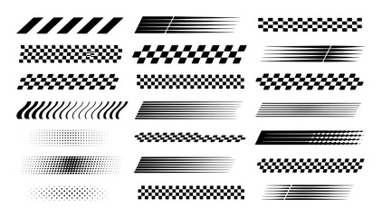 Collection of black and white racing stripes and checkered flag patterns speed lines abstract