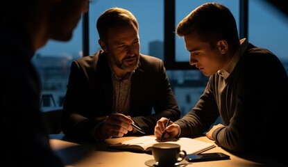 Business mentor coaching young entrepreneur, one-on-one conversation, blurred office background, mentor pointing at notebook, authentic intergenerational exchange, cinematic close-up.