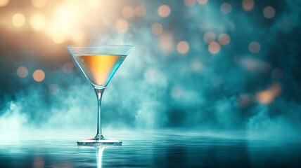 Cocktail glass with amber liquid on reflective surface surrounded by mist and soft glowing bokeh lights creating eerie and mysterious atmosphere