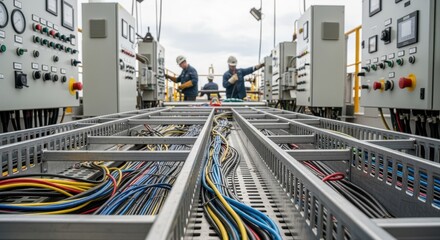 Detailed shot of electrical cable trays and control panels on the floating LNG module topside during integration.
