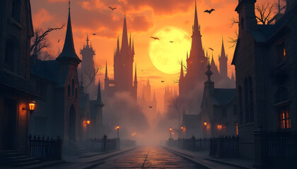Enchanting Gothic Cityscape at Twilight with Intricate Details of Spires, Bats, and Full Moon Over a Mysterious Halloween Atmosphere