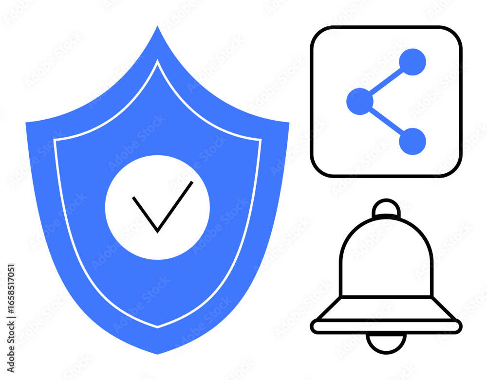 Aufkleber blue shield with checkmark, bell for notifications, and network connection. ideal for security, noti