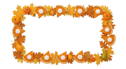 Thanksgiving themed frame with pumpkin pie slices and autumn leaves.