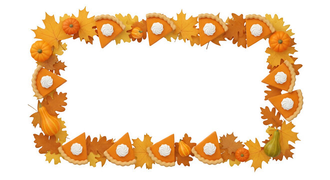 Thanksgiving themed frame with pumpkin pie slices and autumn leaves.