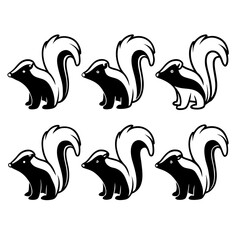 Group of cute skunks isolated on white background in various poses and cartoon style design