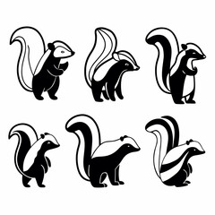 Collection of cute skunks isolated on white background in various poses and cartoon style design