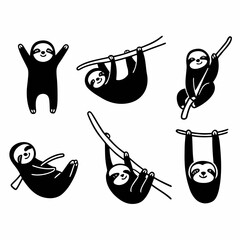 Collection of cute sloths isolated on white background in various poses and cartoon style design